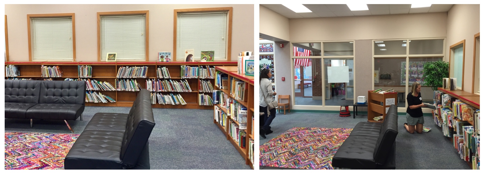 Bookshelves and couches. view of an empty window with nothing in front.