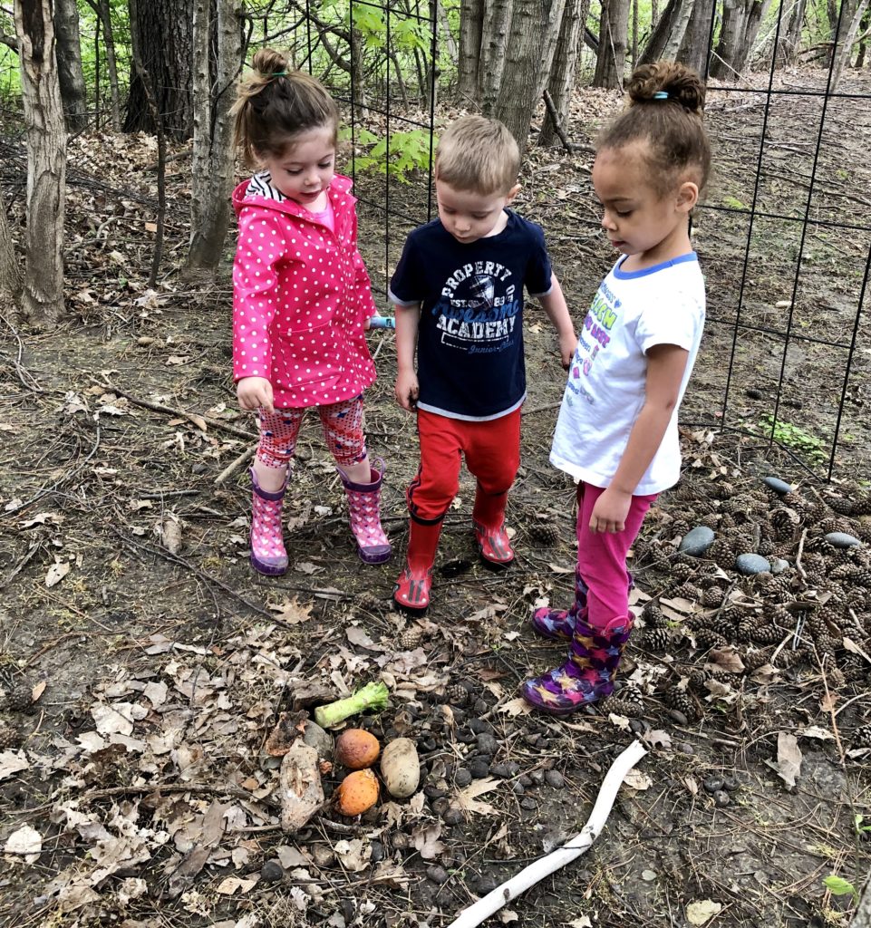 2 girls pointing out fruit and fruit flies to a boy