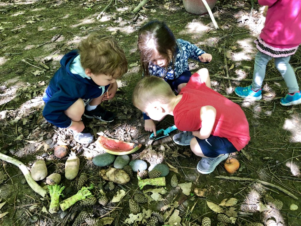 2 boys and a girls looking closely at a piece of watermelon on the ground